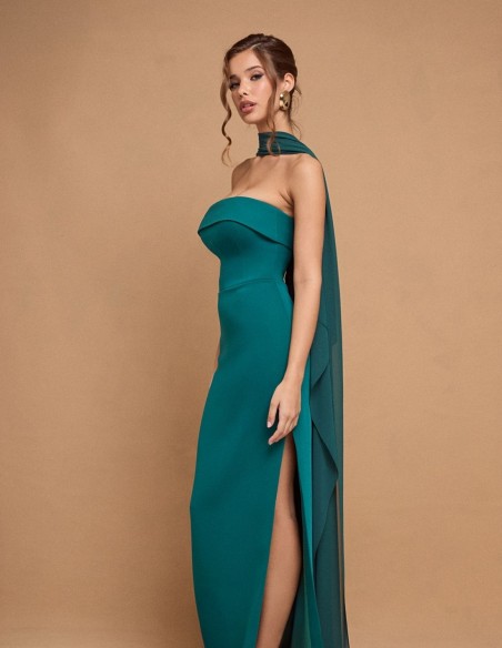 Robe longue sans bretelles avec cape vert émeraude