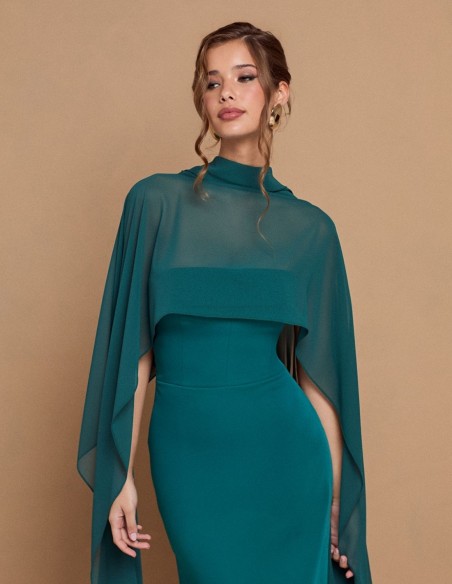 Vestido largo palabra de honor con capa verde esmeralda para invitada de boda Vestido largo palabra de honor con capa verde esmeralda para invitada de boda