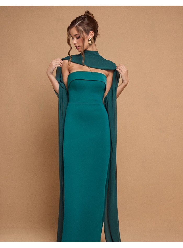 Vestido largo palabra de honor con capa verde...
