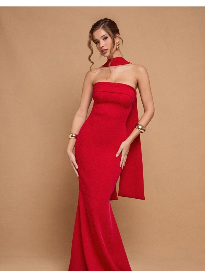 Long red strapless party dress with sash