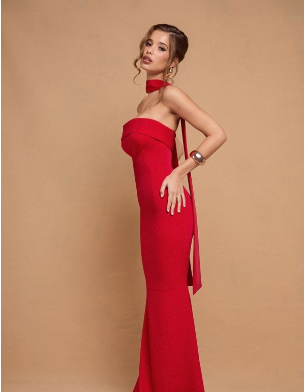 Vestido largo de fiesta rojo palabra de honor con fular 2