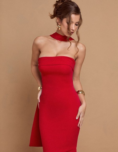 Long red strapless party dress with sash