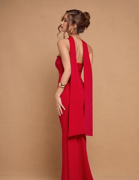 Long red strapless party dress with sash