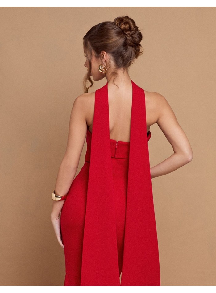 Long red strapless party dress with sash