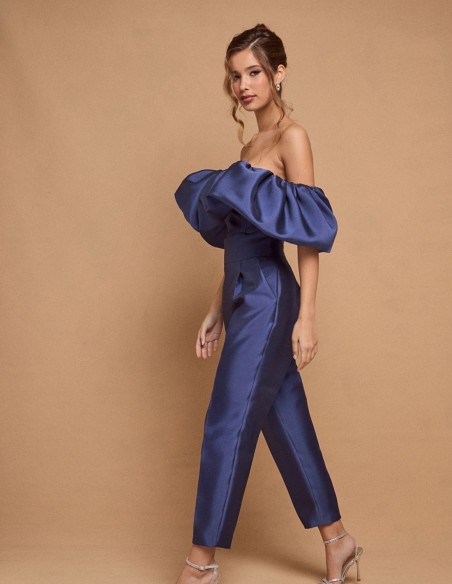 Pantalon de fête bleu long et droit à taille haute