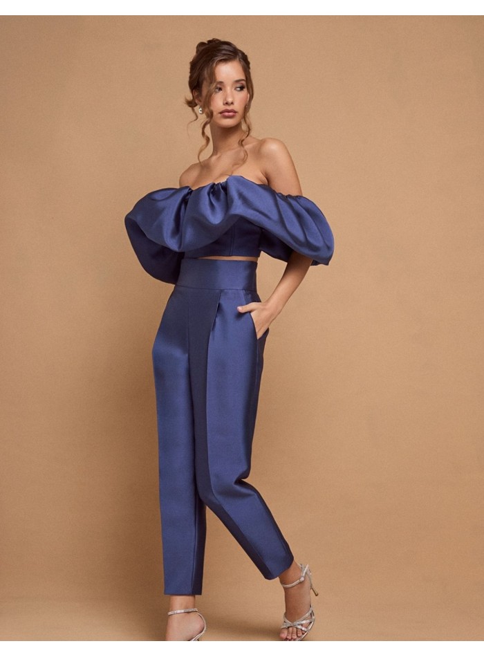 Pantalon de fête bleu long et droit à taille haute