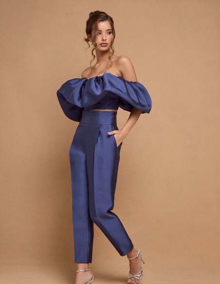 Pantalon de fête bleu long et droit à taille haute