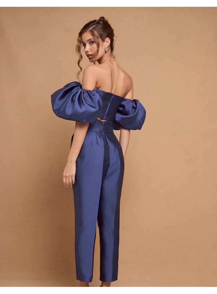 Pantalon de fête bleu long et droit à taille haute