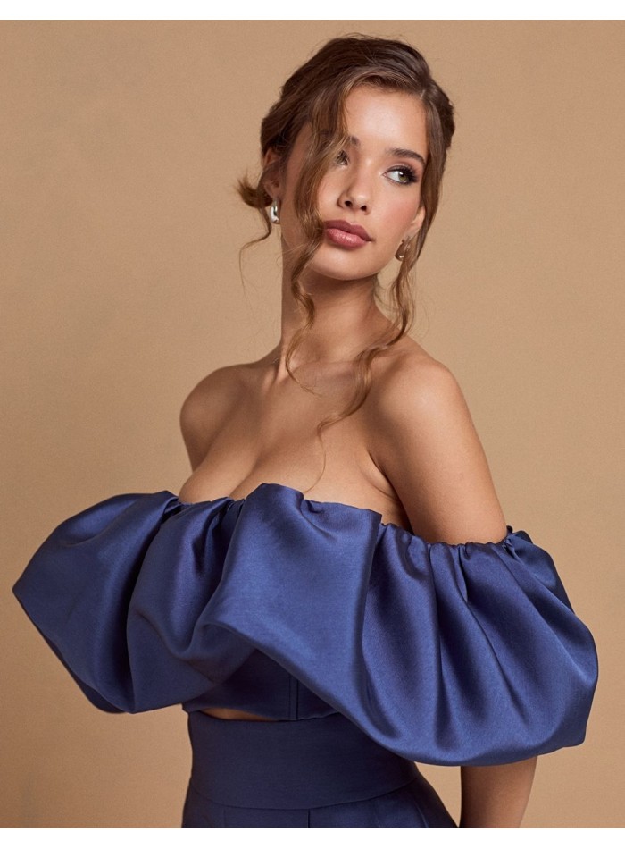 Pantalón largo recto de fiesta azul con tiro alto