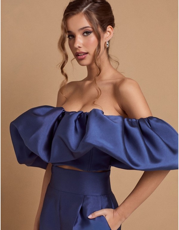 Blue party top with maxi ruffle neckline 2
