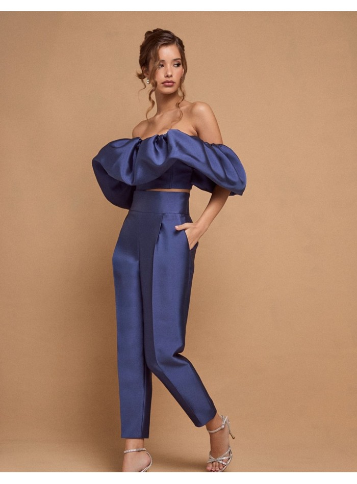 Blue party top with maxi ruffle neckline
