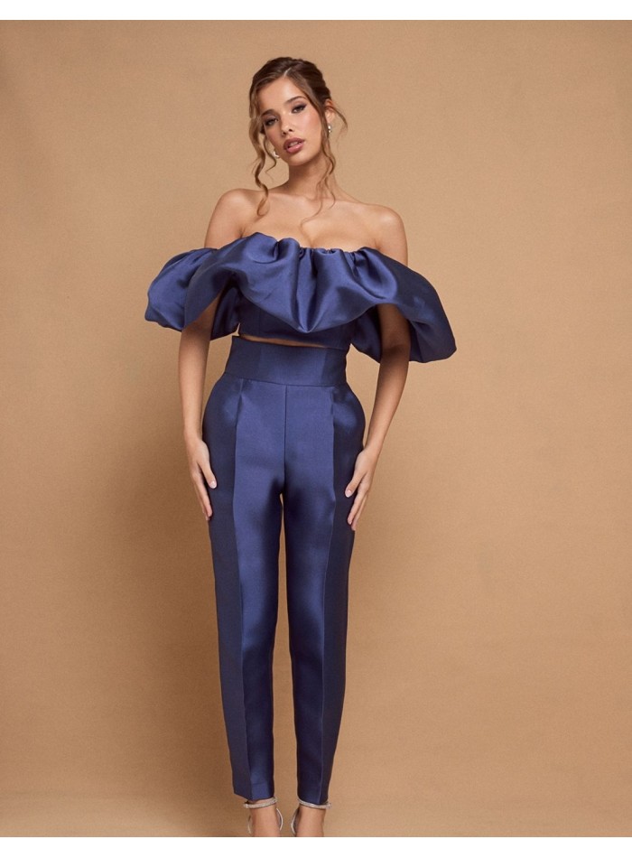 Blue party top with maxi ruffle neckline