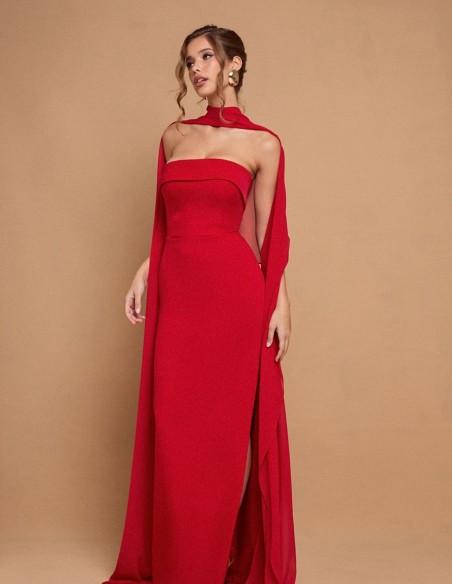 Long strapless red party dress with maxi cape
