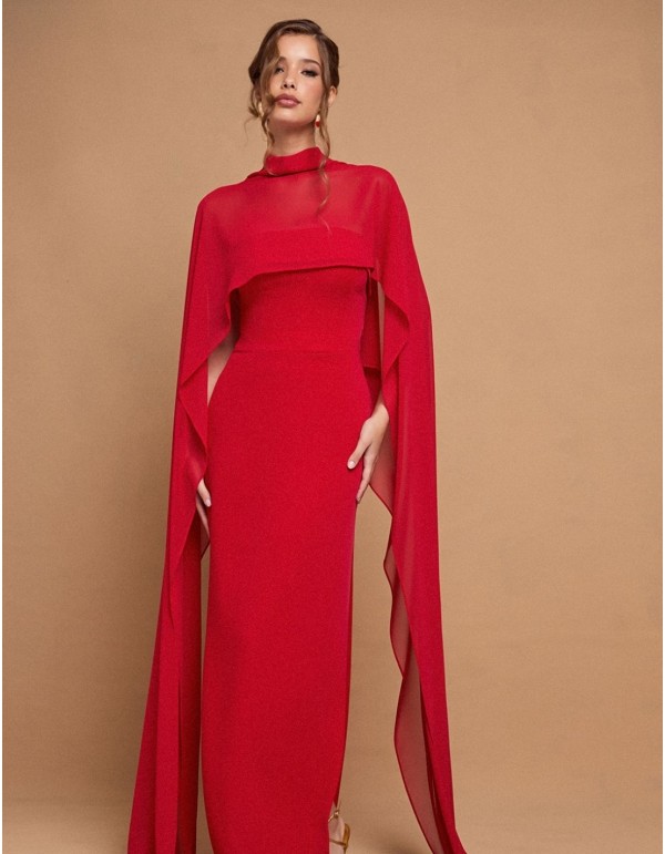 Vestido largo de fiesta rojo palabra de honor con maxi capa