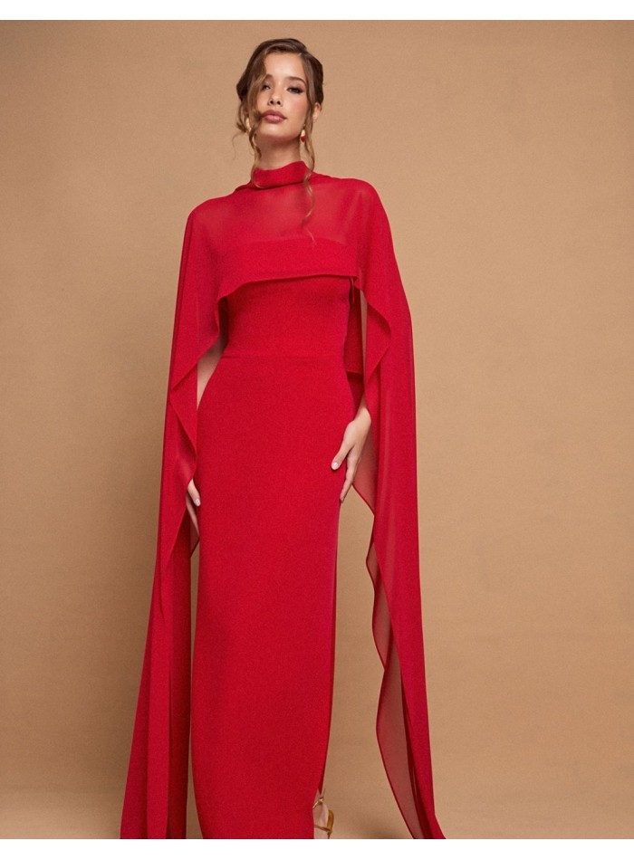 Long strapless red party dress with maxi cape