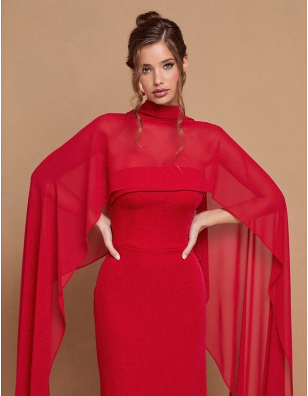 Vestido largo de fiesta rojo palabra de honor con maxi capa 2