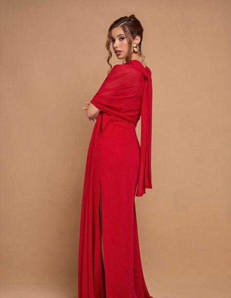 Long strapless red party dress with maxi cape