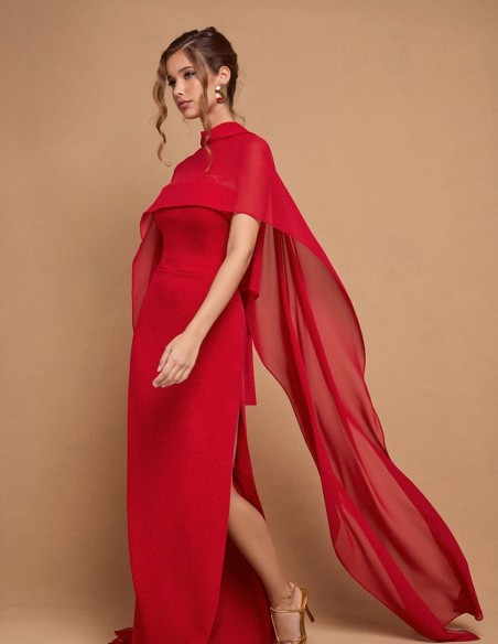 Long strapless red party dress with maxi cape