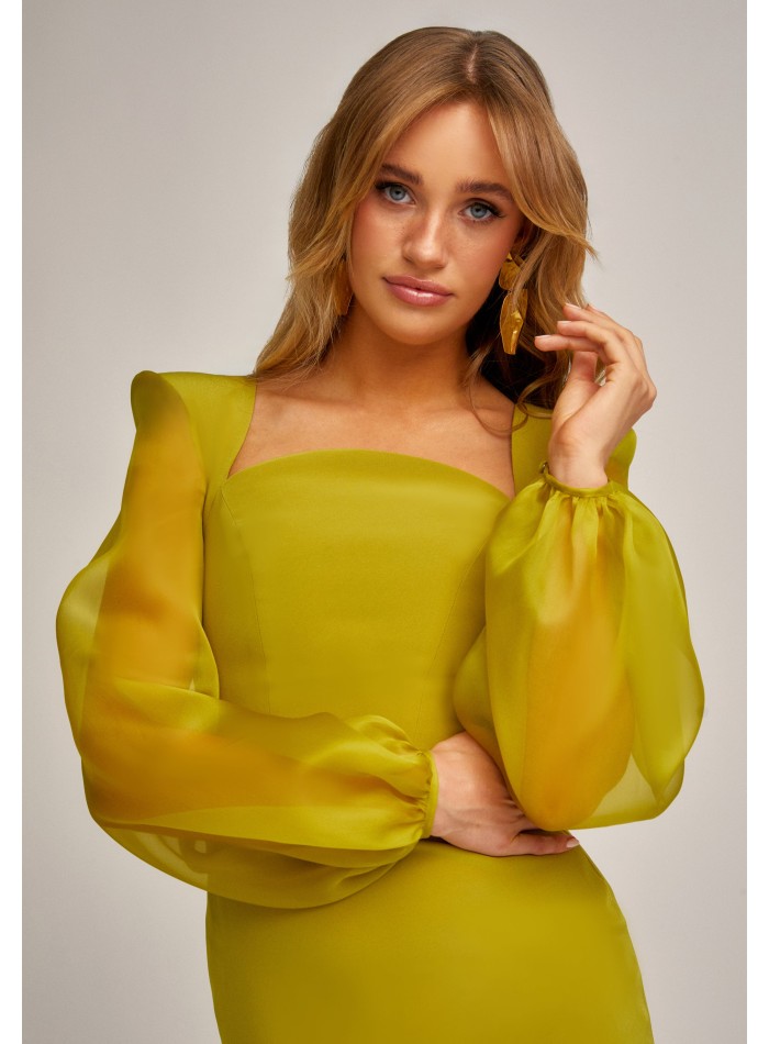 Pistachio long dress with curved neckline and...