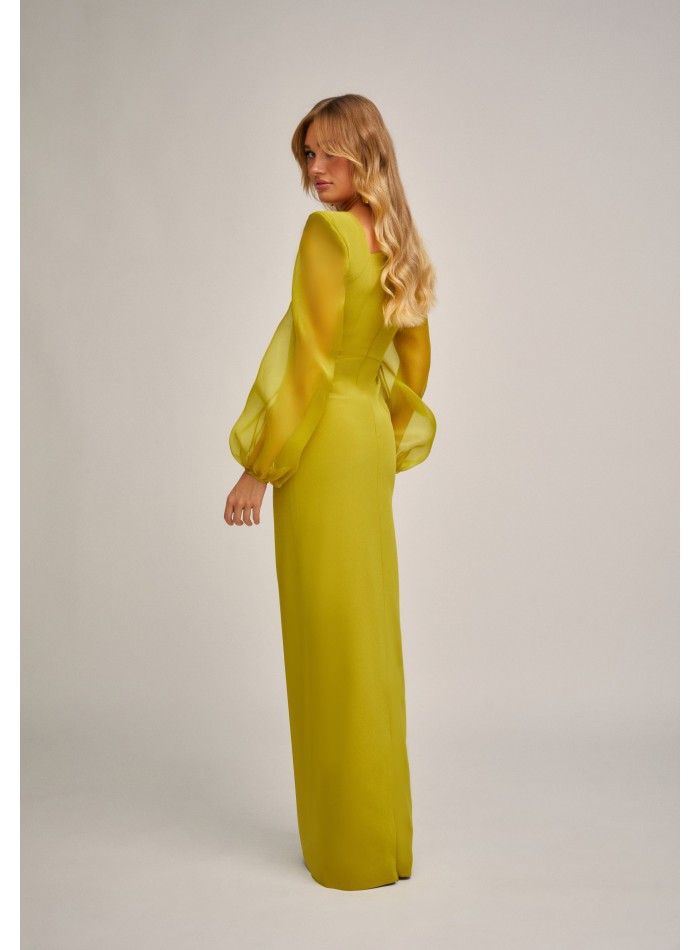 Pistachio long dress with curved neckline and...