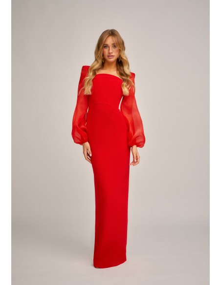 Vestido largo rojo con escote curvo y mangas abullonadas