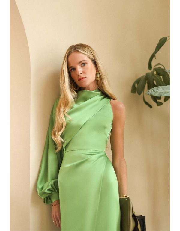 Vestido midi asimétrico verde manzana con manga abullonada 2