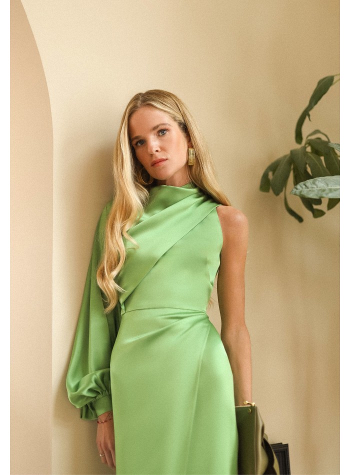 Apple green asymmetric midi dress with puffed...