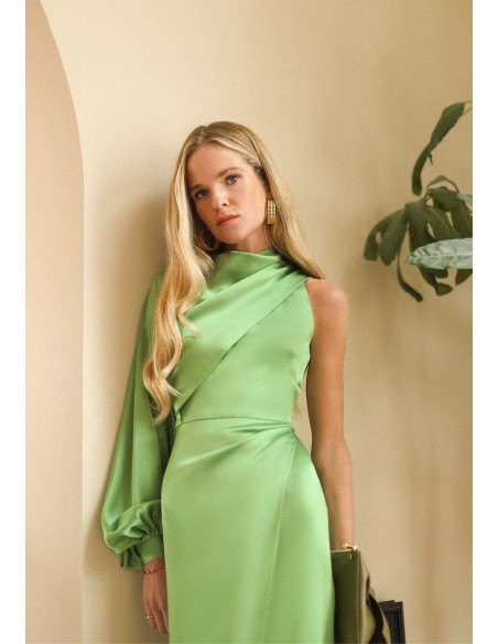 Robe midi asymétrique à manches bouffantes vert pomme