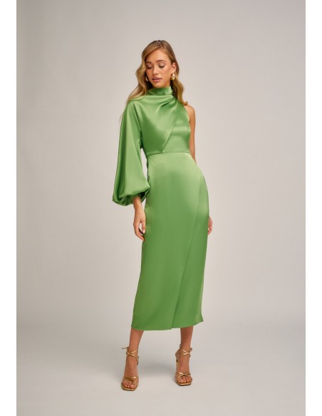 Vestido midi asimétrico verde manzana con manga abullonada para eventos Vestido midi asimétrico verde manzana con manga abullonada para eventos