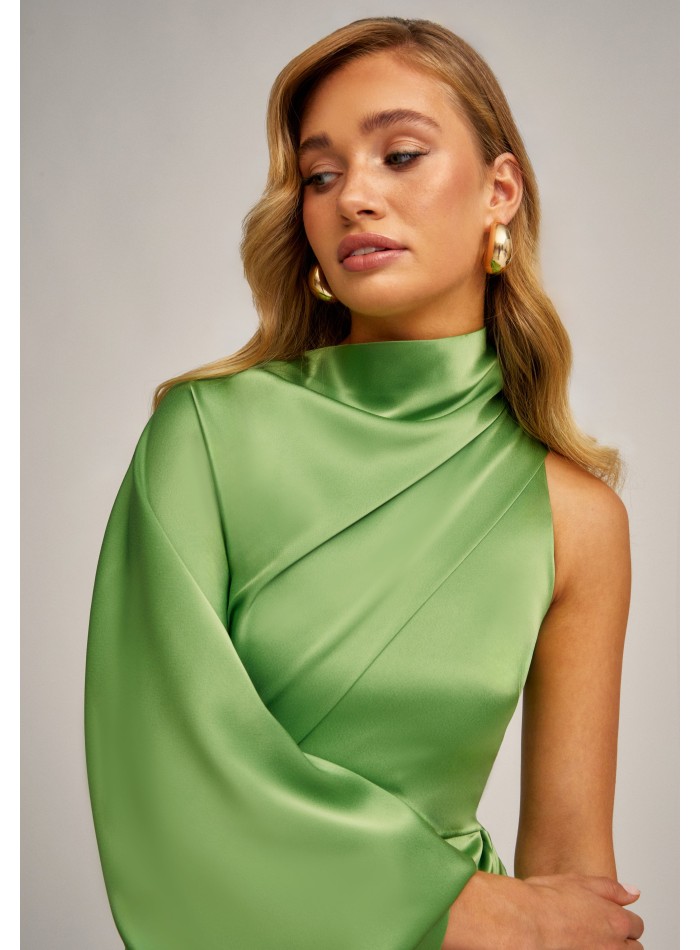 Vestido midi asimétrico verde manzana con manga abullonada para ocasiones especiales