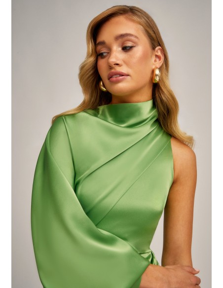 Vestido midi asimétrico verde manzana con manga abullonada para ocasiones especiales Vestido midi asimétrico verde manzana con manga abullonada para ocasiones especiales