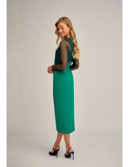 Vestido mini verde y negro con cuerpo cruzado y malla