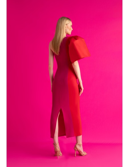 Bicolor asymmetrical dress with off shoulder and taffeta sleeves