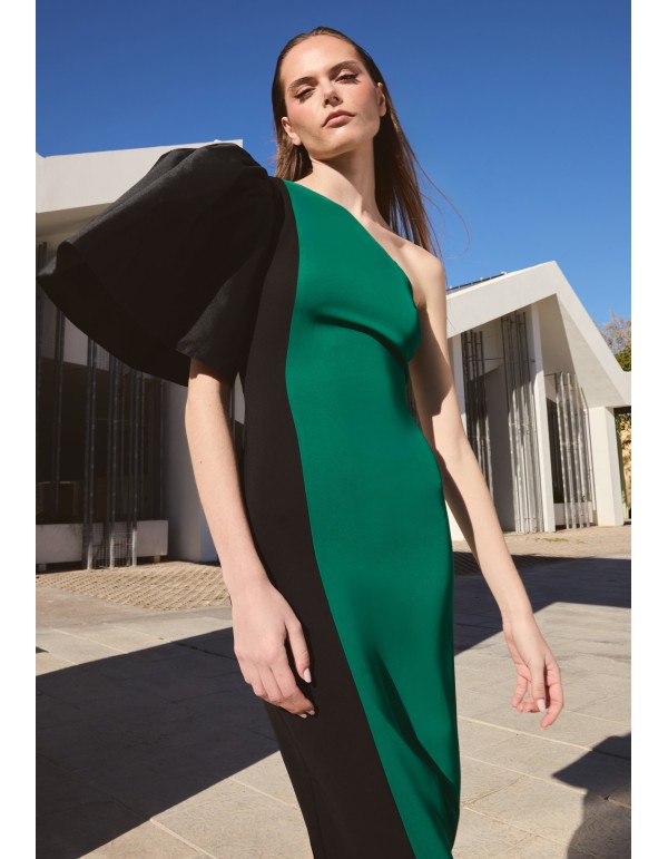 Asymmetrical midi dress with bare shoulder and taffeta... 2