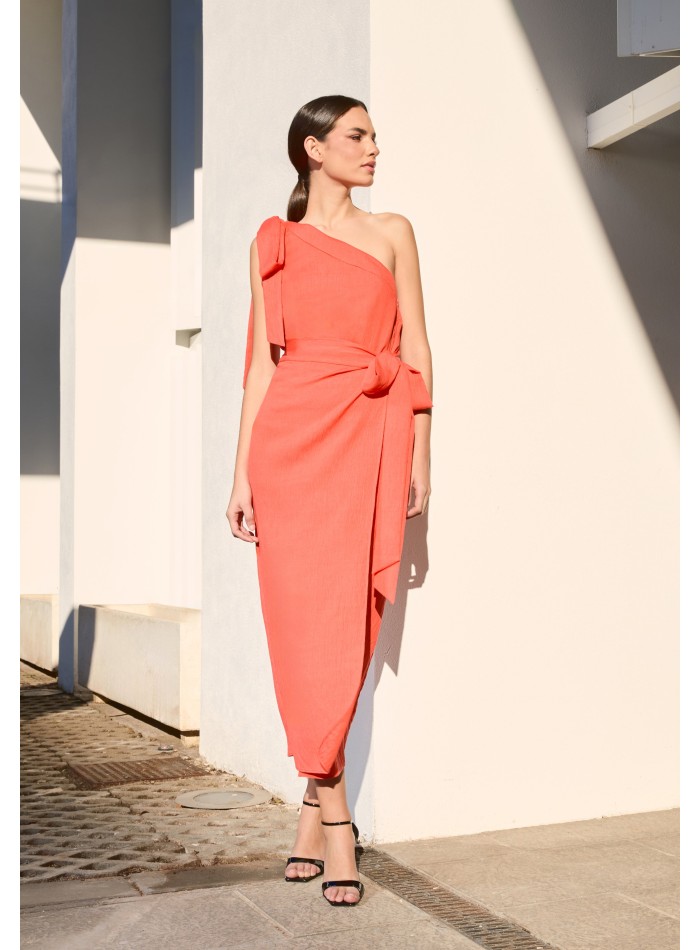 Falda midi naranja con lazada lateral en falso liso