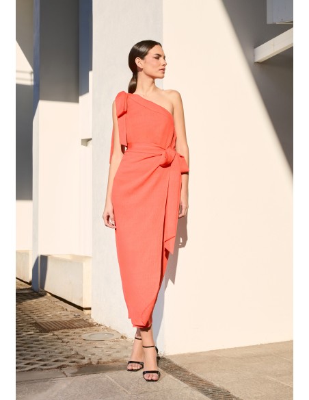 Orange midi skirt with side tie in faux plain fabric