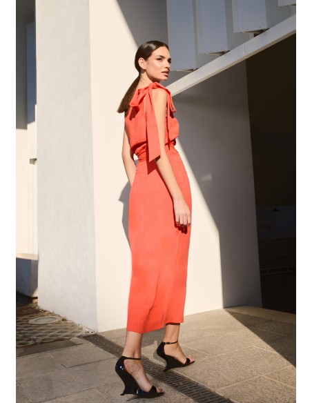 Orange midi skirt with side tie in faux plain fabric