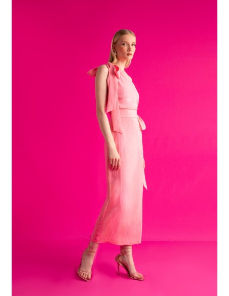 Falda midi rosa con lazada lateral en falso liso