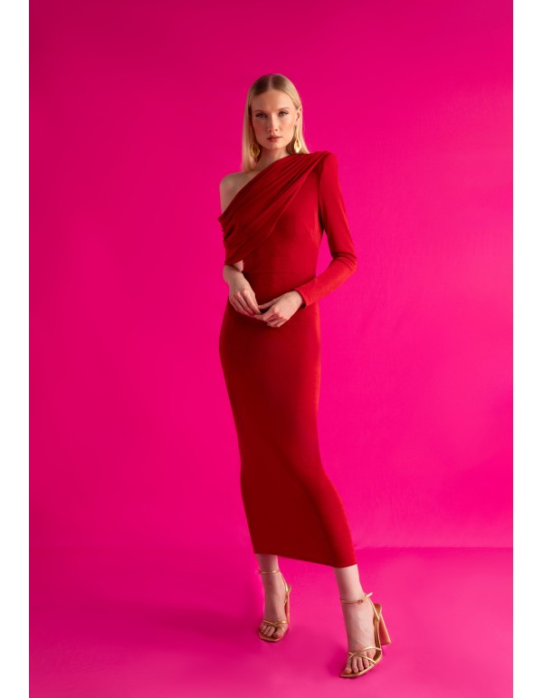 Robe midi rouge asymétrique pour invitée avec encolure...