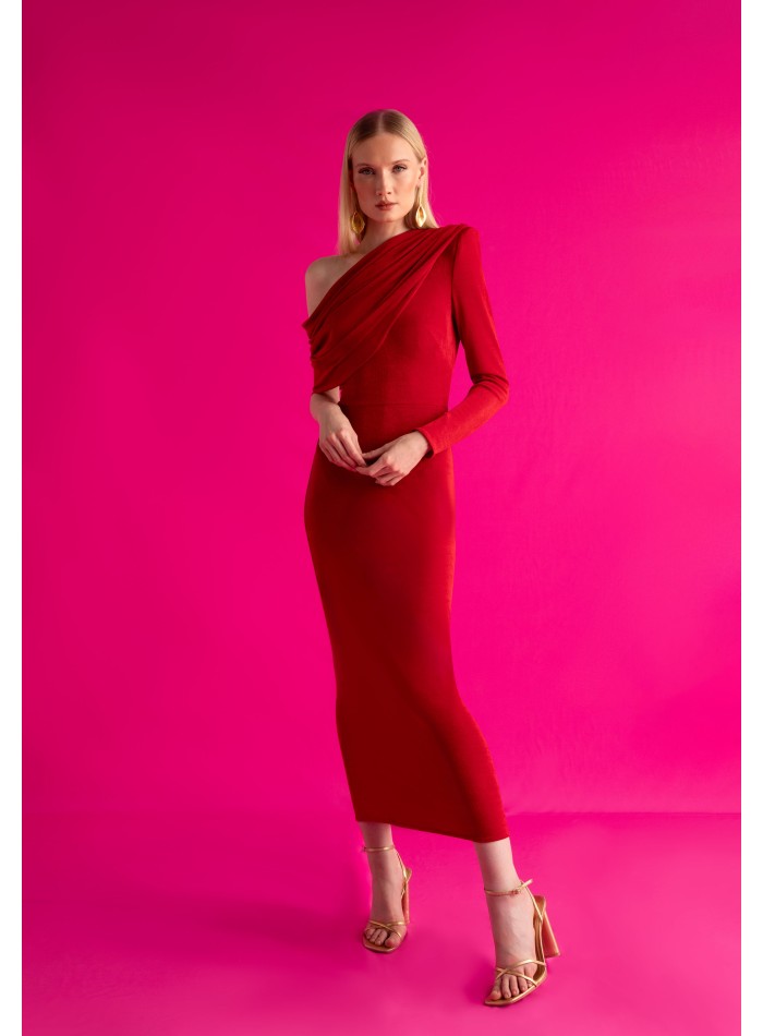 Red asymmetrical midi dress for guest with draped neckline and waist cut