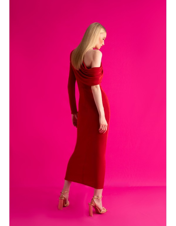 Robe midi rouge asymétrique pour invitée avec encolure... 2