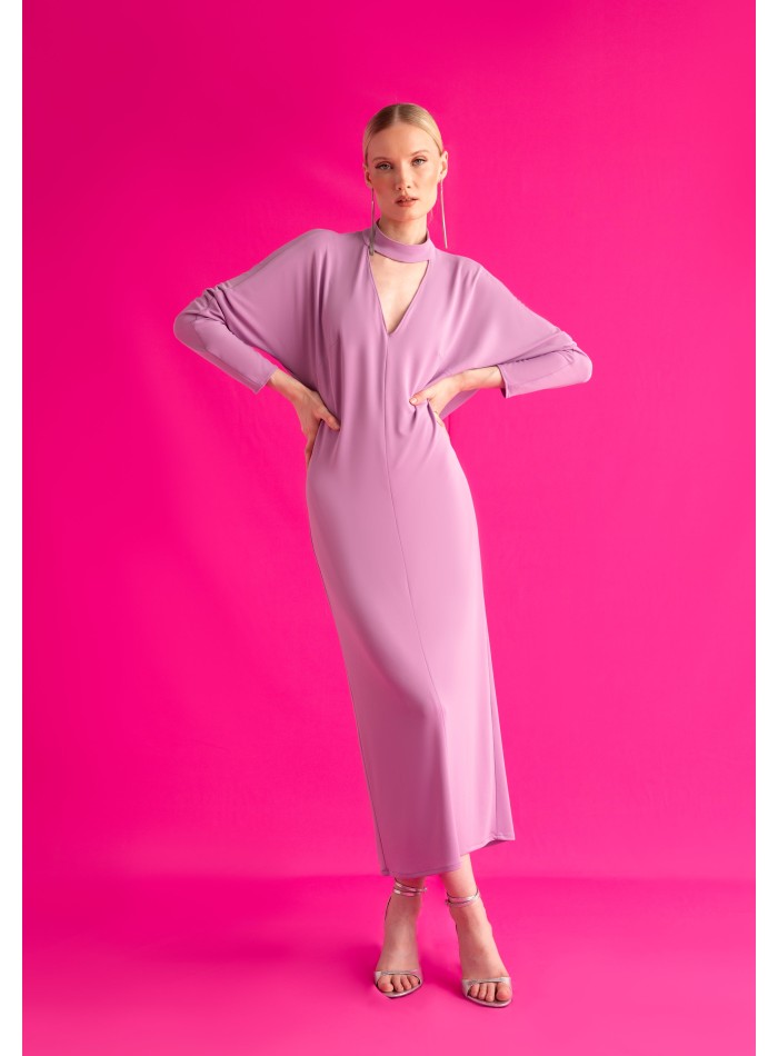 Lilac midi guest dress with open back and bat sleeves