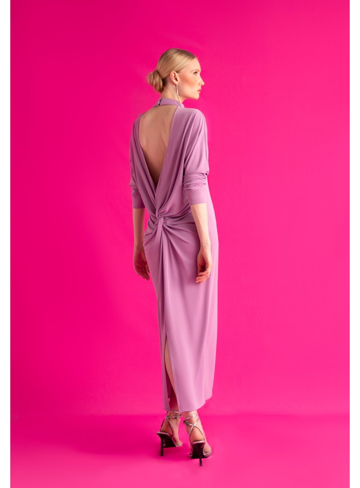 Lilac midi guest dress with open back and bat...