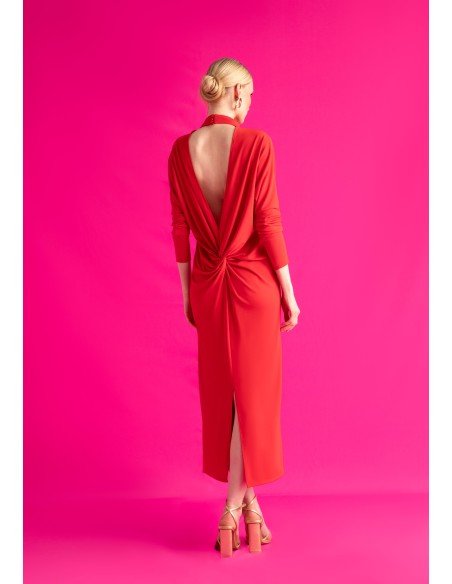 Midi dress with open back and bat sleeves