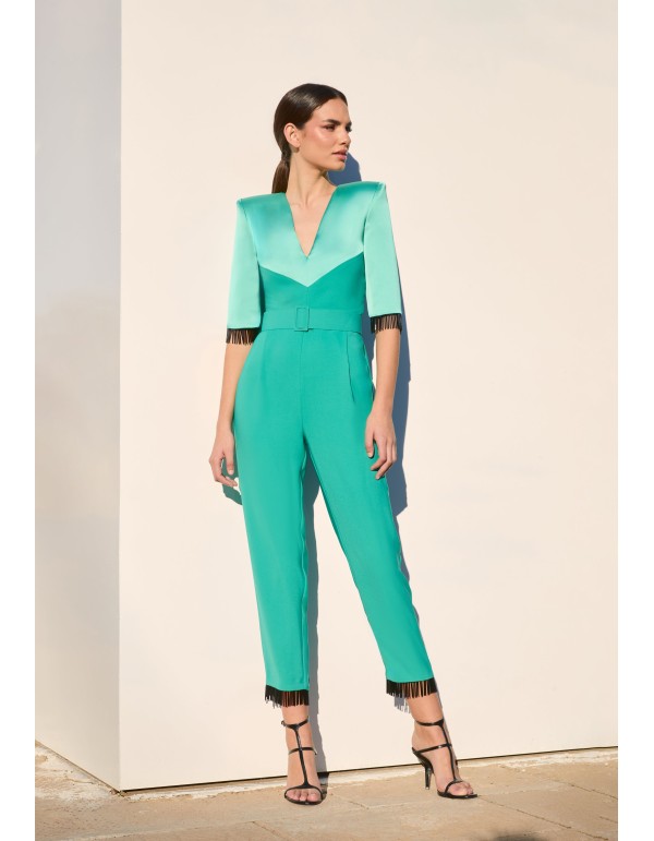 Aqua green party jumpsuit with crystal bangs 2