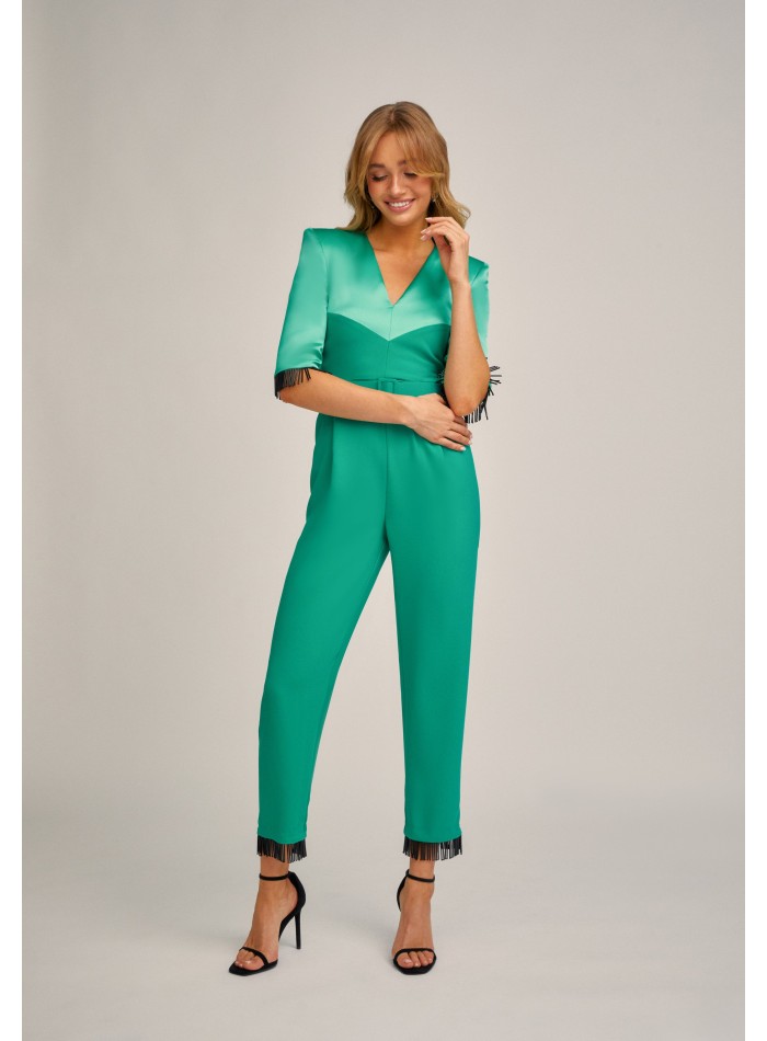 Aqua green party jumpsuit with crystal bangs