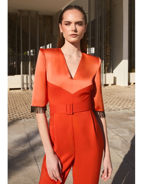 Orange party jumpsuit in crepe satin with crystal bangs 2