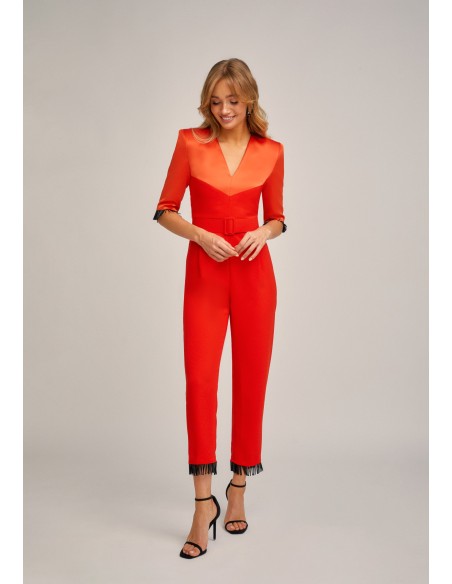 Orange party jumpsuit in crepe satin with crystal bangs