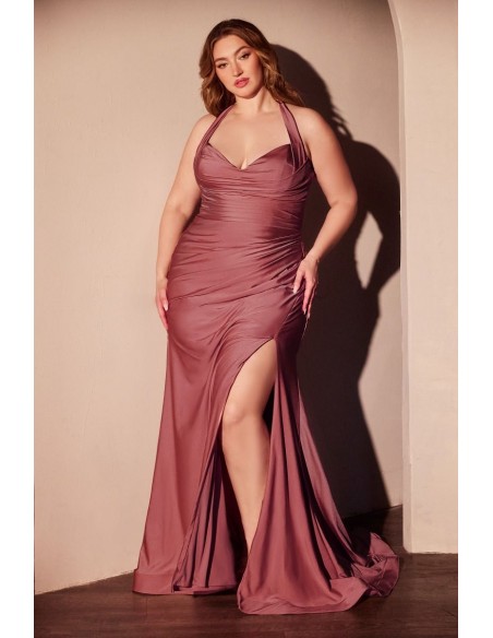 Vestido de fiesta largo plus size con escote halter y abertura rosa