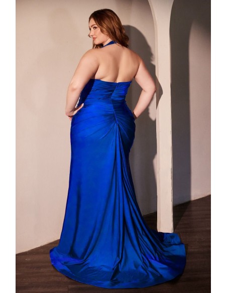 Vestido de fiesta largo plus size con escote halter y abertura azul